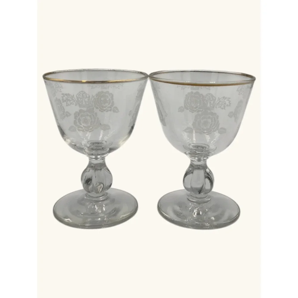 Vintage Etched Glass Wine Goblets Rose Floral Gold Rim Set of 2 Clear Stemware